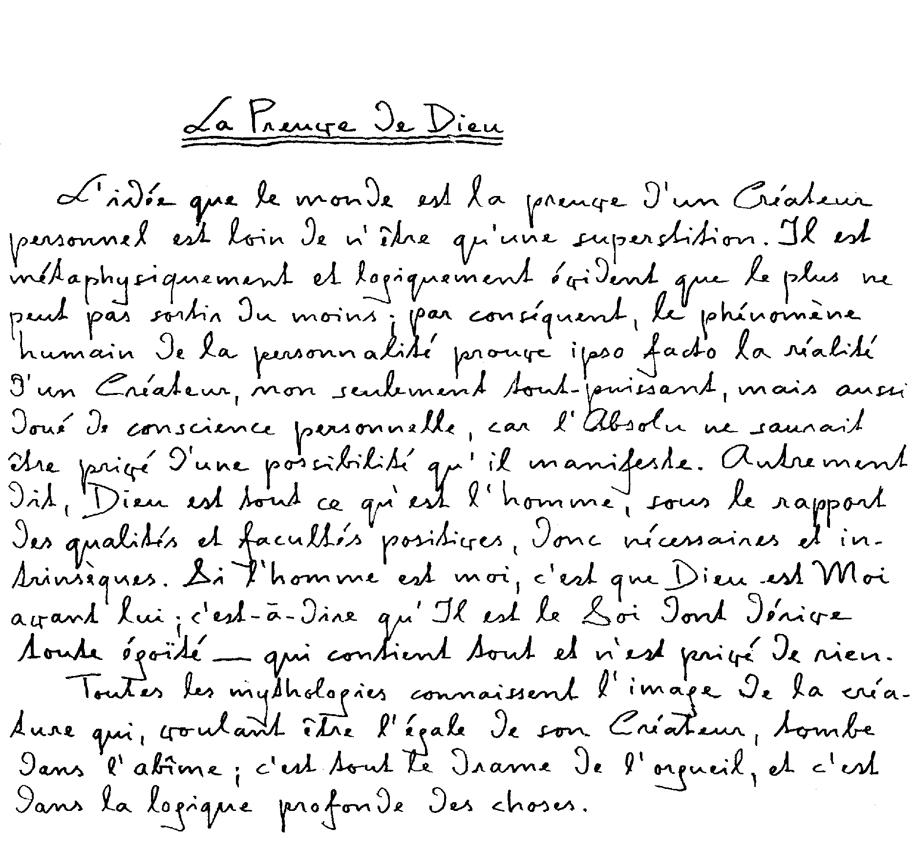 Frithjof Schuon, manuscrit (Preuves de Dieu)